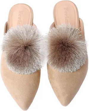 Fericzot Slip On Mule Backless Loafers Flats Puff Pompom Pointed Toe Casual Shoes Slippers