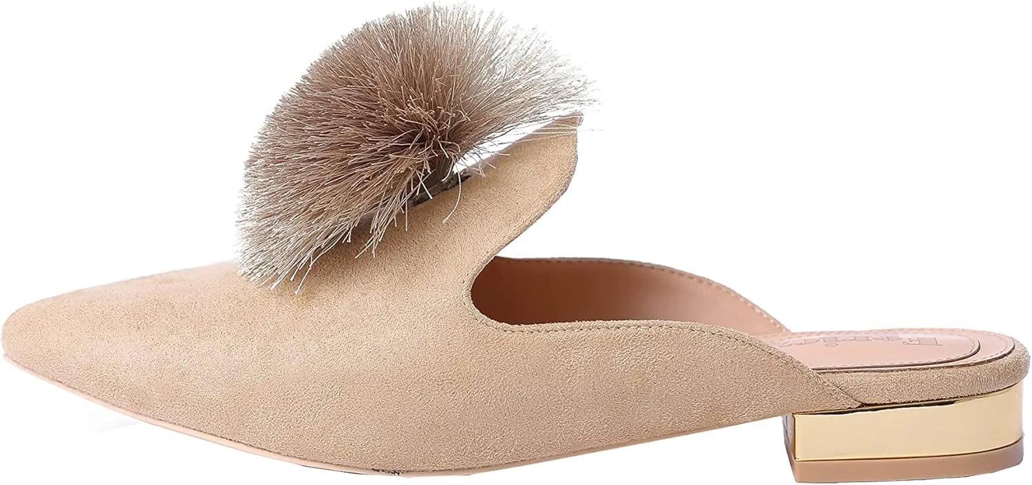 Fericzot Slip On Mule Backless Loafers Flats Puff Pompom Pointed Toe Casual Shoes Slippers