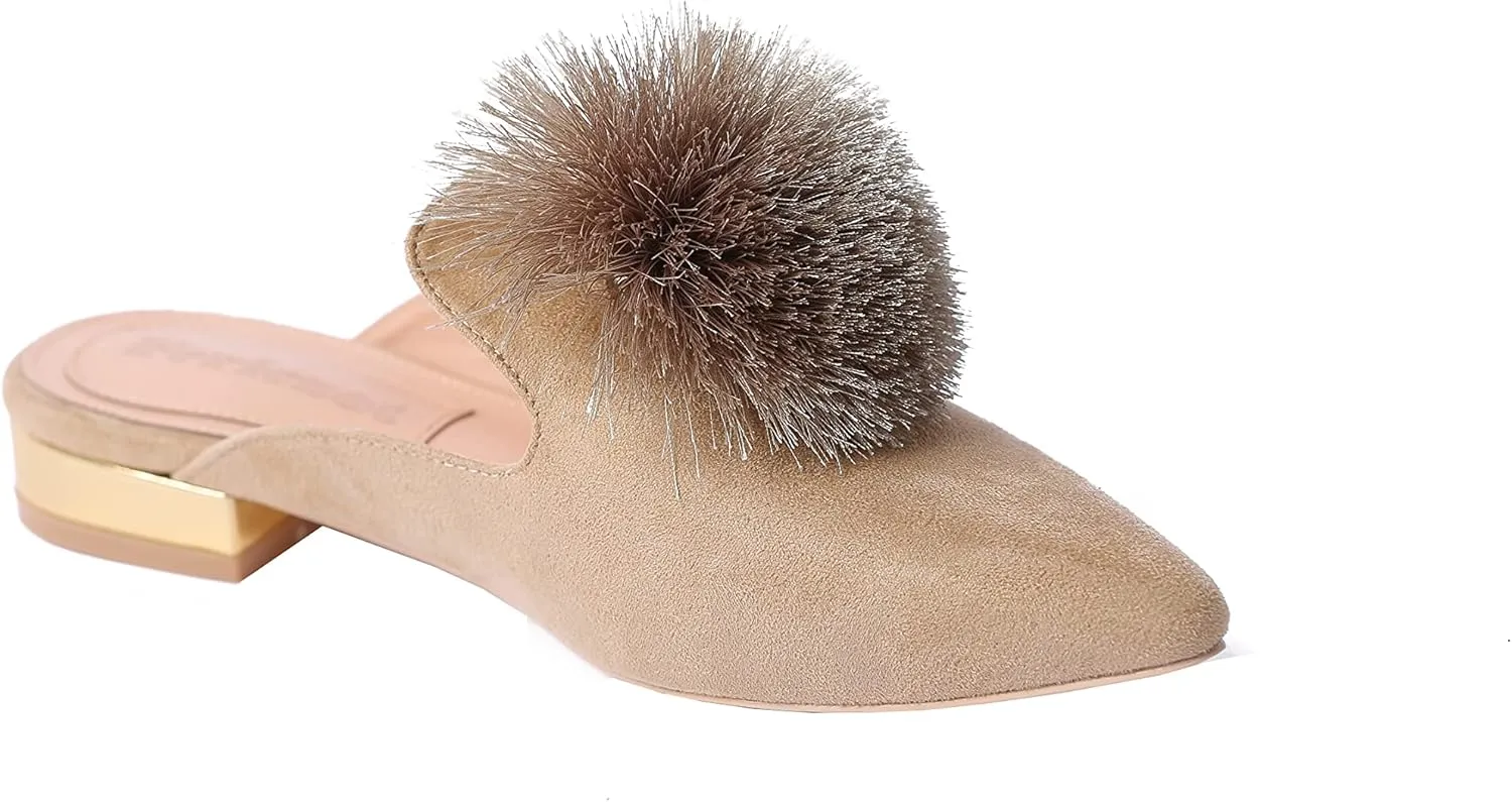 Fericzot Slip On Mule Backless Loafers Flats Puff Pompom Pointed Toe Casual Shoes Slippers