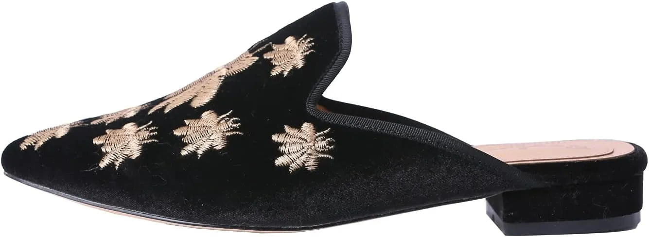 Fericzot Women's Velvet Backless Pointed Toe Slip On Loafers Flats Embroidery Mule Slippers Shoes