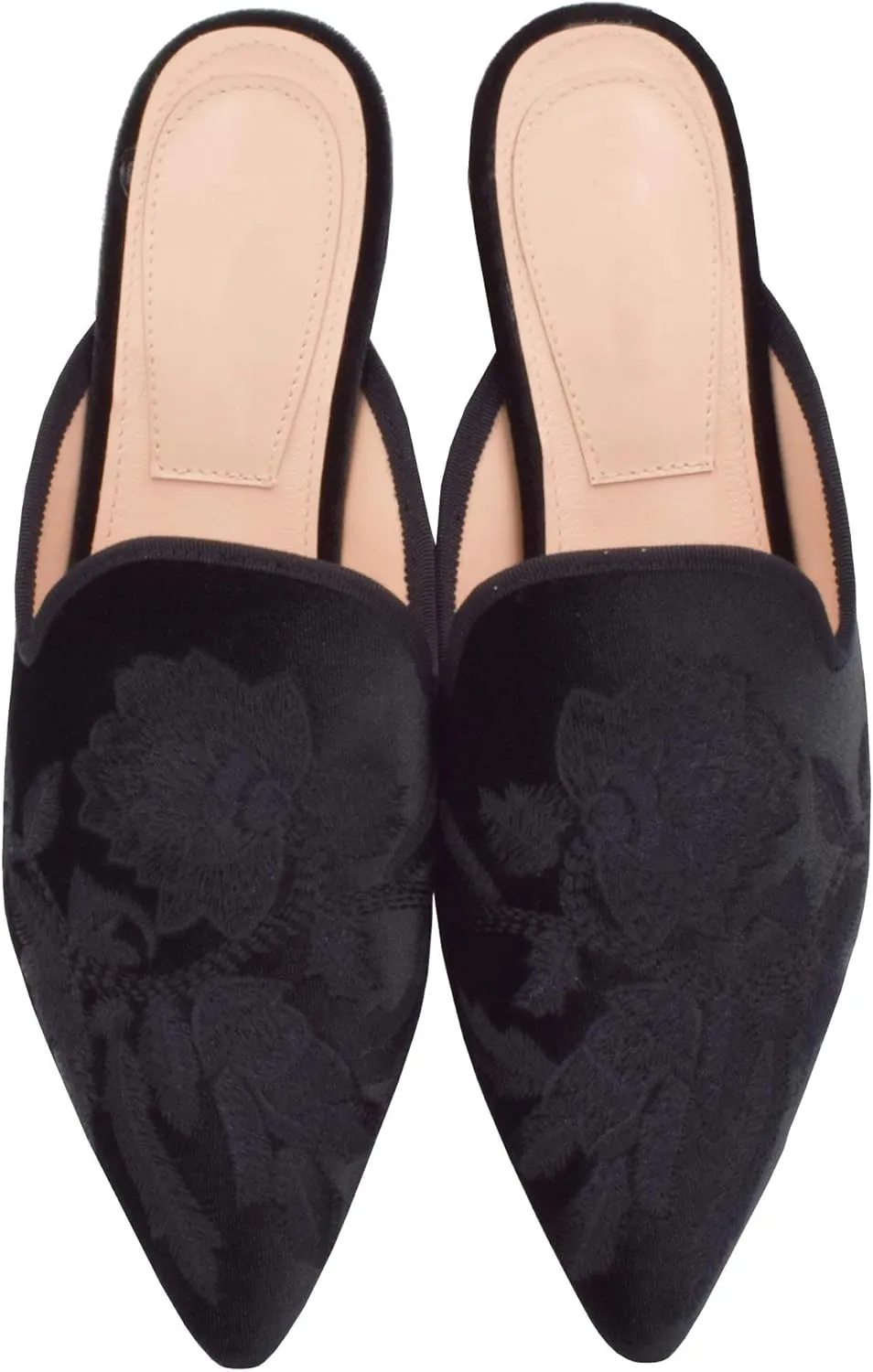 Fericzot Women's Velvet Backless Pointed Toe Slip On Loafers Flats Embroidery Mule Slippers Shoes