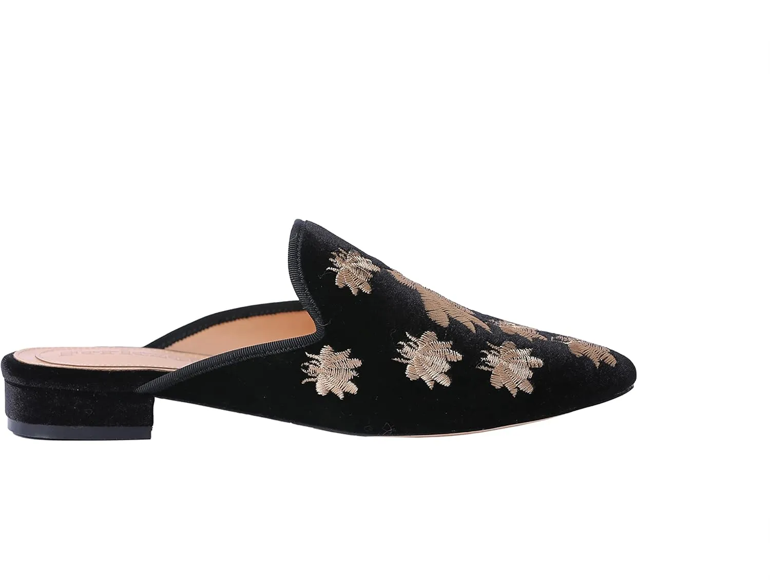 Fericzot Women's Velvet Backless Pointed Toe Slip On Loafers Flats Embroidery Mule Slippers Shoes