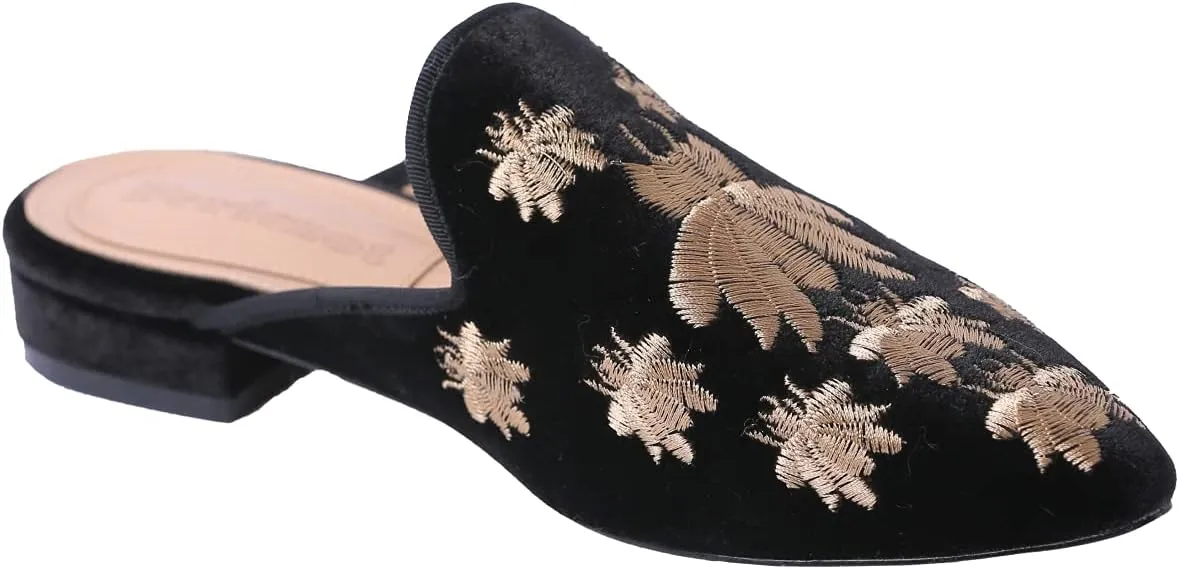 Fericzot Women's Velvet Backless Pointed Toe Slip On Loafers Flats Embroidery Mule Slippers Shoes