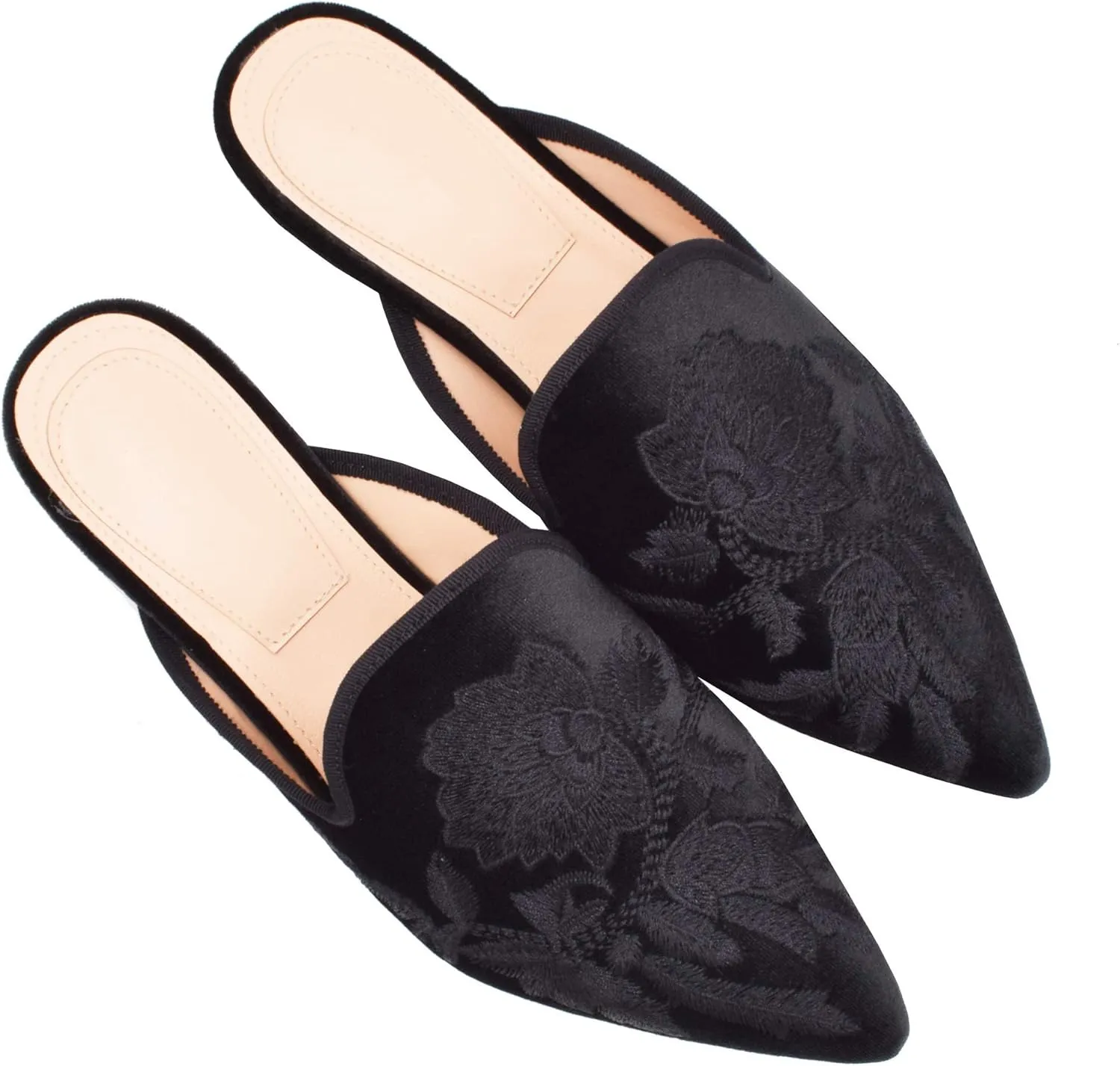 Fericzot Women's Velvet Backless Pointed Toe Slip On Loafers Flats Embroidery Mule Slippers Shoes