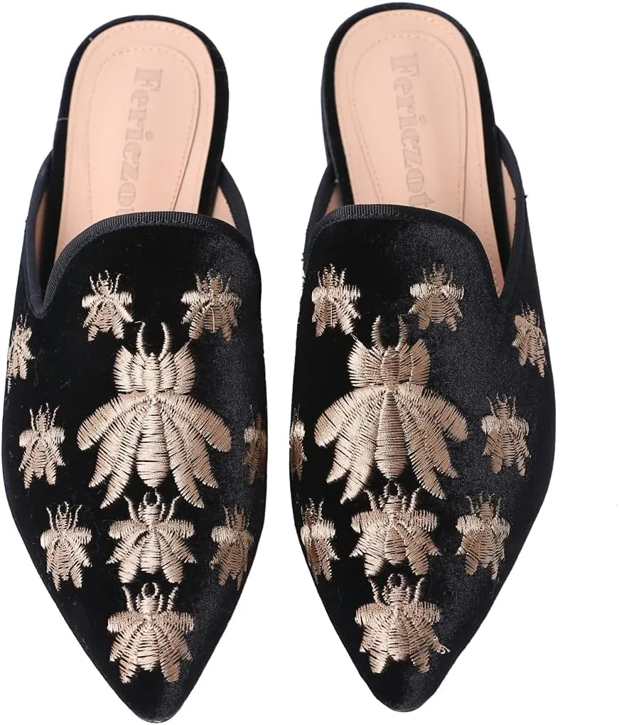 Fericzot Women's Velvet Backless Pointed Toe Slip On Loafers Flats Embroidery Mule Slippers Shoes