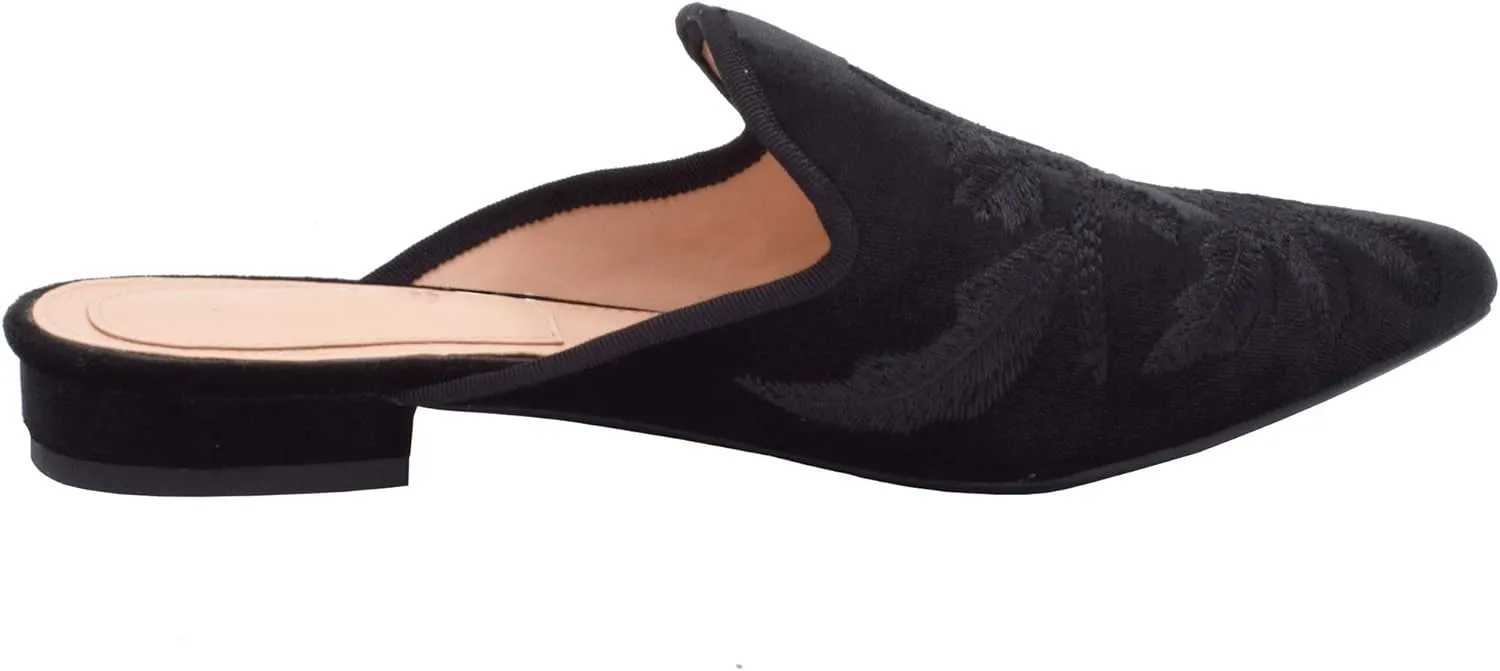 Fericzot Women's Velvet Backless Pointed Toe Slip On Loafers Flats Embroidery Mule Slippers Shoes