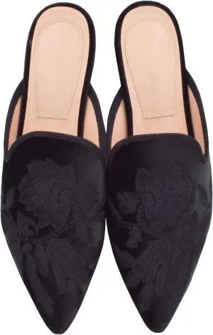 Fericzot Women's Velvet Backless Pointed Toe Slip On Loafers Flats Embroidery Mule Slippers Shoes