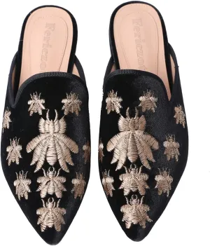 Fericzot Women's Velvet Backless Pointed Toe Slip On Loafers Flats Embroidery Mule Slippers Shoes