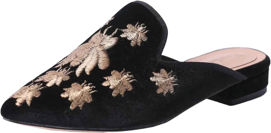 Fericzot Women's Velvet Backless Pointed Toe Slip On Loafers Flats Embroidery Mule Slippers Shoes