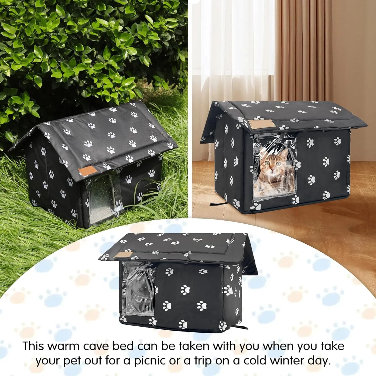 Fhiny Stray Cats Shelter, Waterproof Outdoor Cat House Foldable Warm Pet Cave for Winter Wild Animal Tent Bed Anti-Slip Kitten Cave for Feral Cat Dog Puppy Weatherproof Black (L:17.7"×15"×16.5")