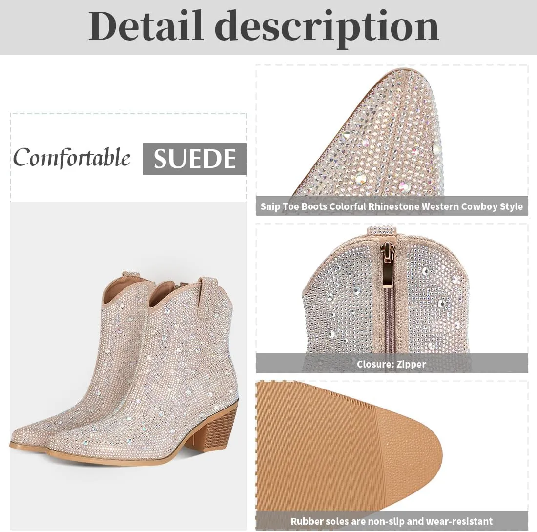 FIFSY Women Rhinestone Cowboy Boots Glitter Chunky Heel Sparkly Cowgirl Ankle Boots…
