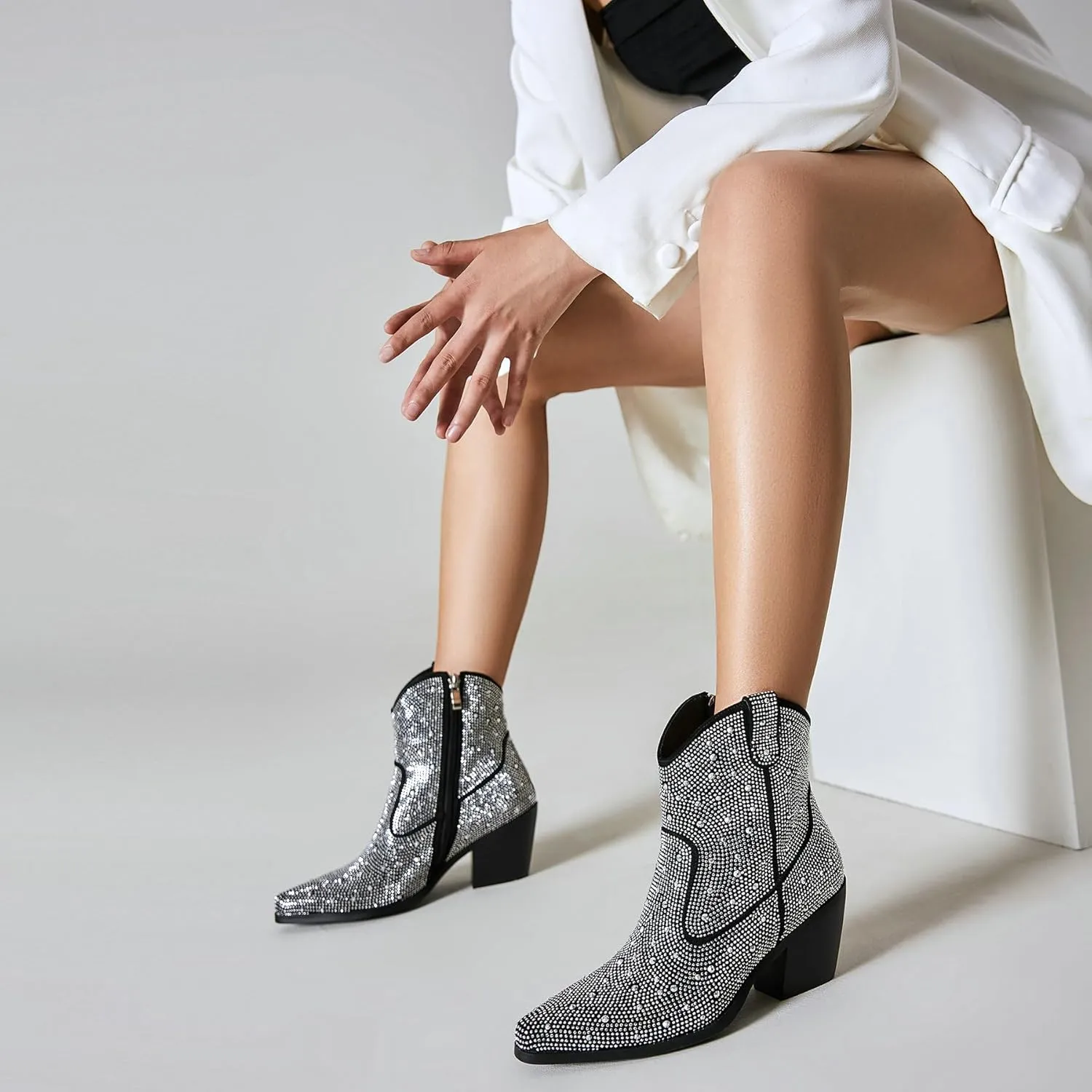 FIFSY Women Rhinestone Cowboy Boots Glitter Chunky Heel Sparkly Cowgirl Ankle Boots…