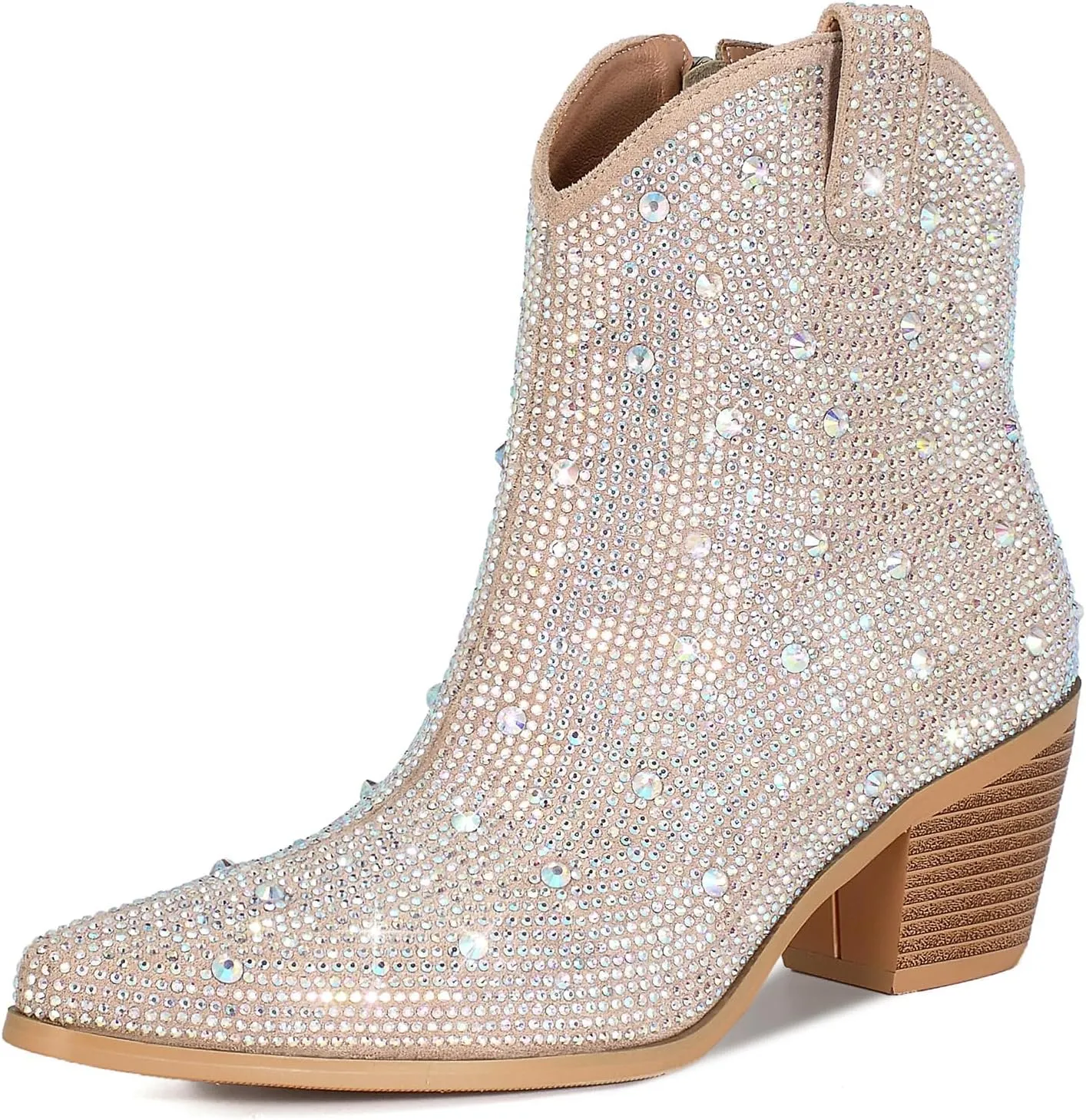 FIFSY Women Rhinestone Cowboy Boots Glitter Chunky Heel Sparkly Cowgirl Ankle Boots…