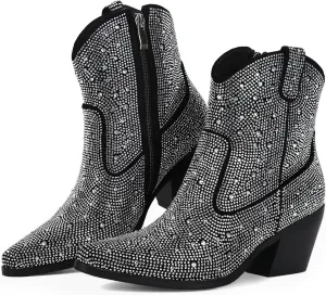 FIFSY Women Rhinestone Cowboy Boots Glitter Chunky Heel Sparkly Cowgirl Ankle Boots…