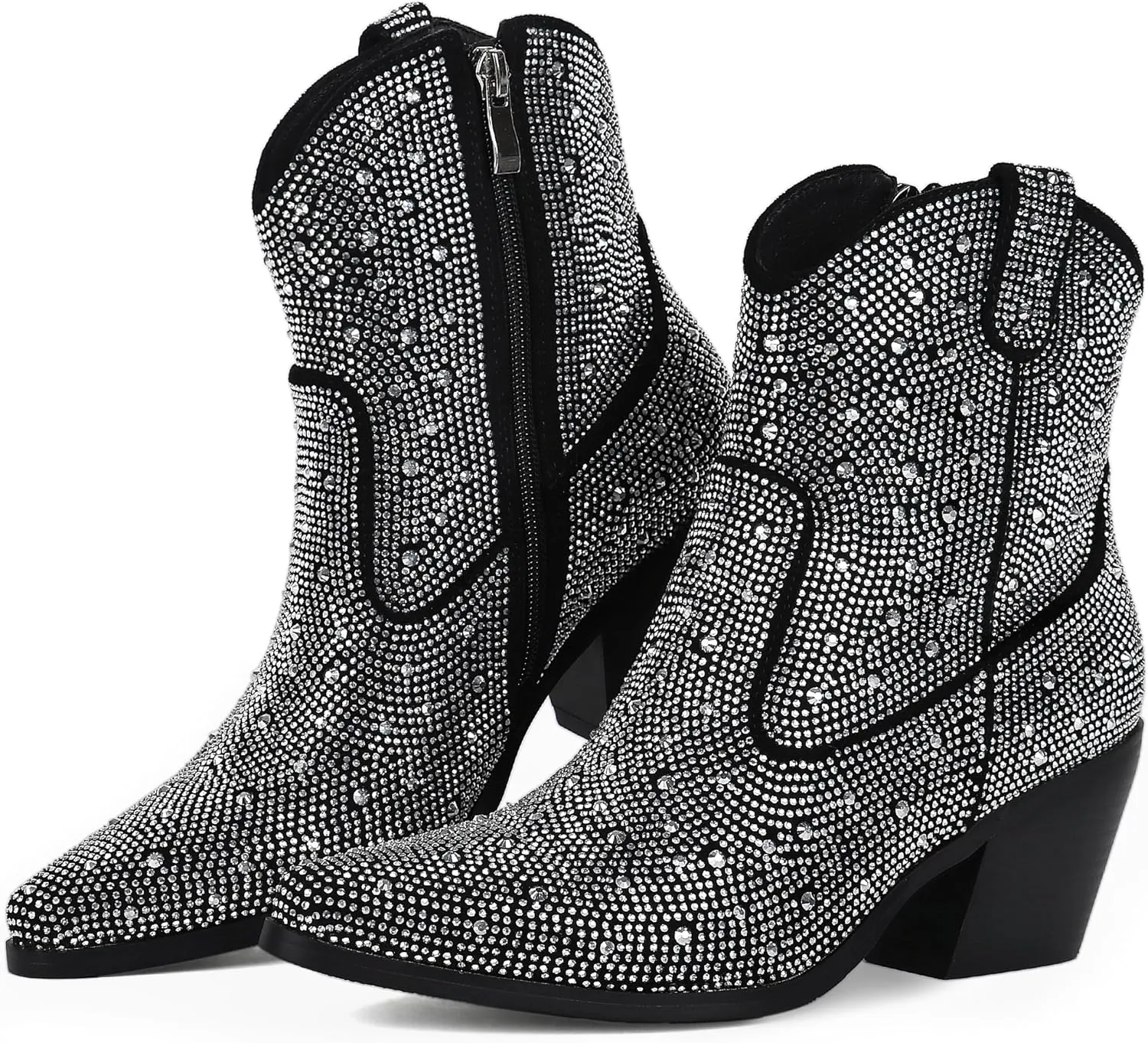 FIFSY Women Rhinestone Cowboy Boots Glitter Chunky Heel Sparkly Cowgirl Ankle Boots…