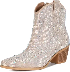 FIFSY Women Rhinestone Cowboy Boots Glitter Chunky Heel Sparkly Cowgirl Ankle Boots…