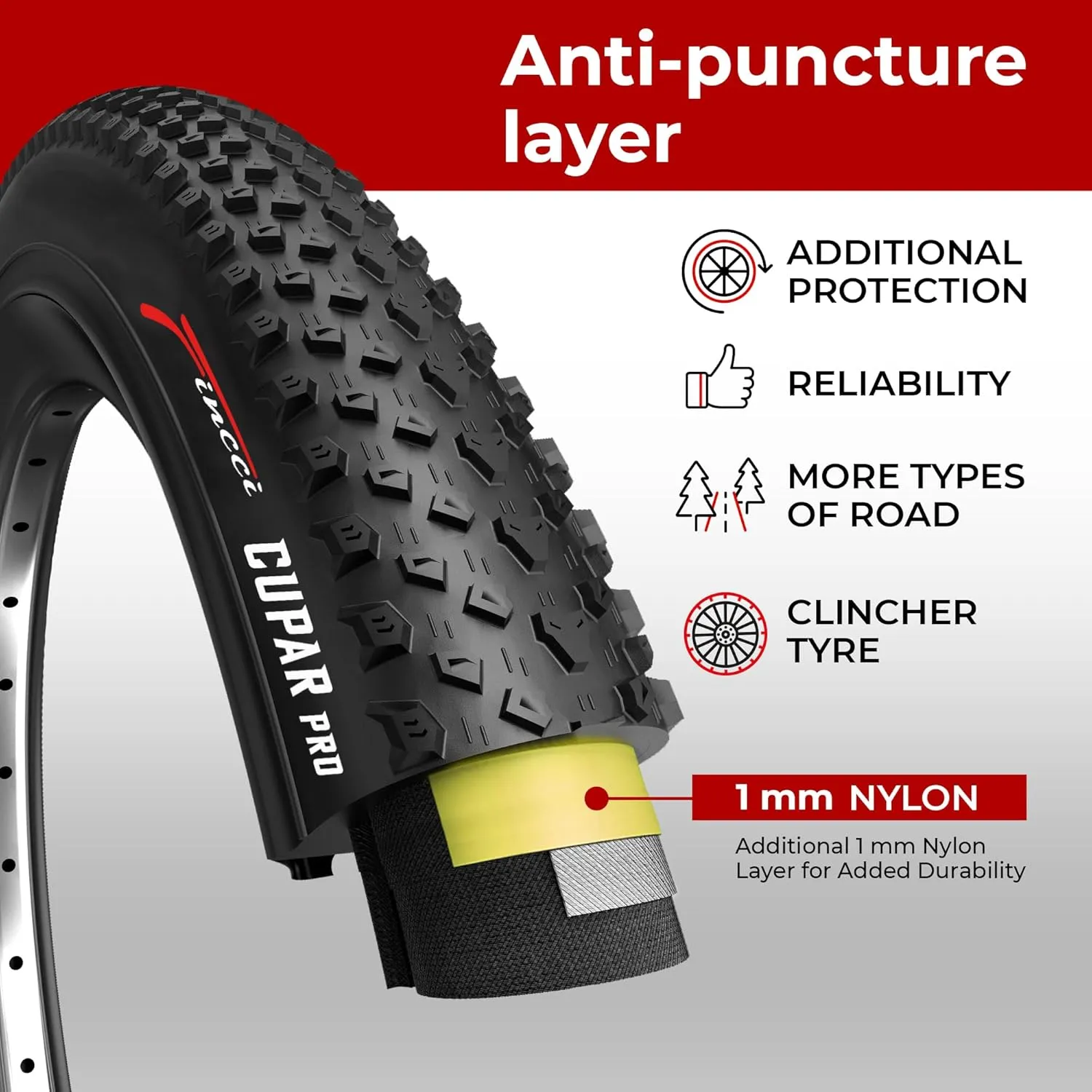 Fincci Cupar pro 26 x 2.10 Tire 54-559 ETRTO Foldable 60 TPI XC Cross Country Tires with Nylon Protection for Mountain MTB Hybrid Bike Bicycle