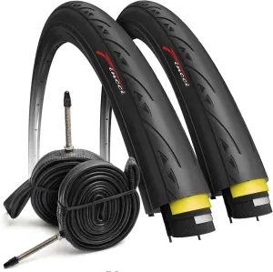 Fincci Pair 700x25c Foldable Tires, 25-622, 60 TPI with LVL3 Nylon Protection and 60mm Presta Valve Inner Tubes, Tough Nylon and Rubber Compound, 700 x 25c Road Bike Tires for Racing Touring