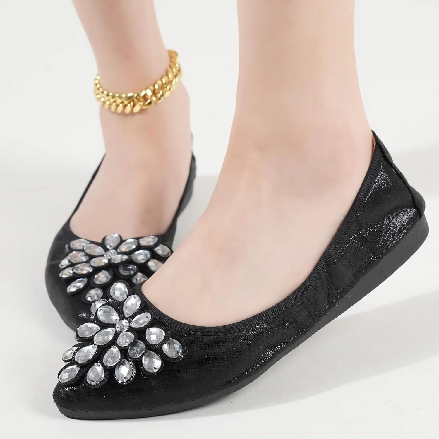Flats Shoes for Women Rhinestone Wedding Ballerina Shoes Foldable Sparkly Comfort Slip on Flat Dressy Flats