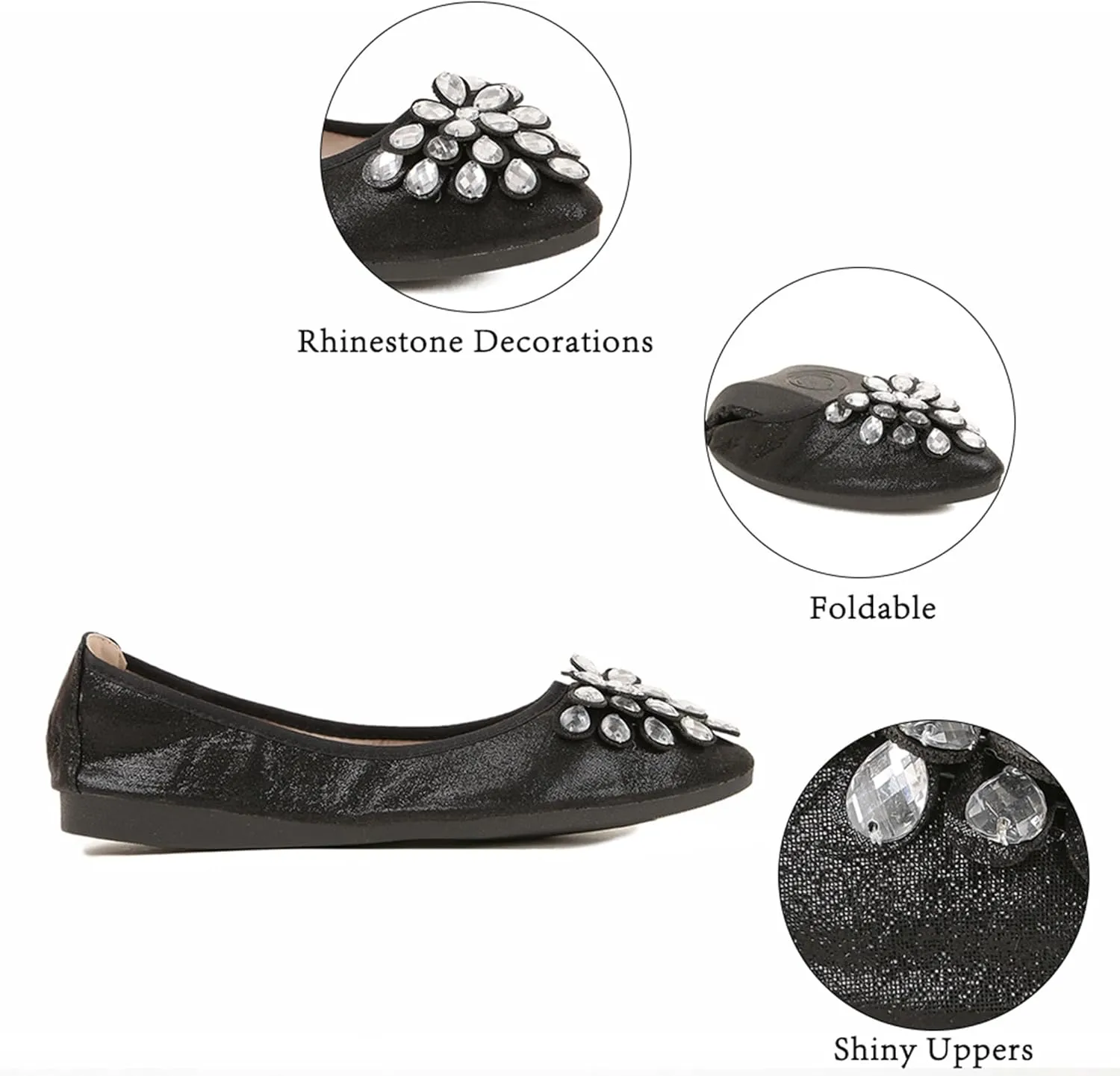 Flats Shoes for Women Rhinestone Wedding Ballerina Shoes Foldable Sparkly Comfort Slip on Flat Dressy Flats