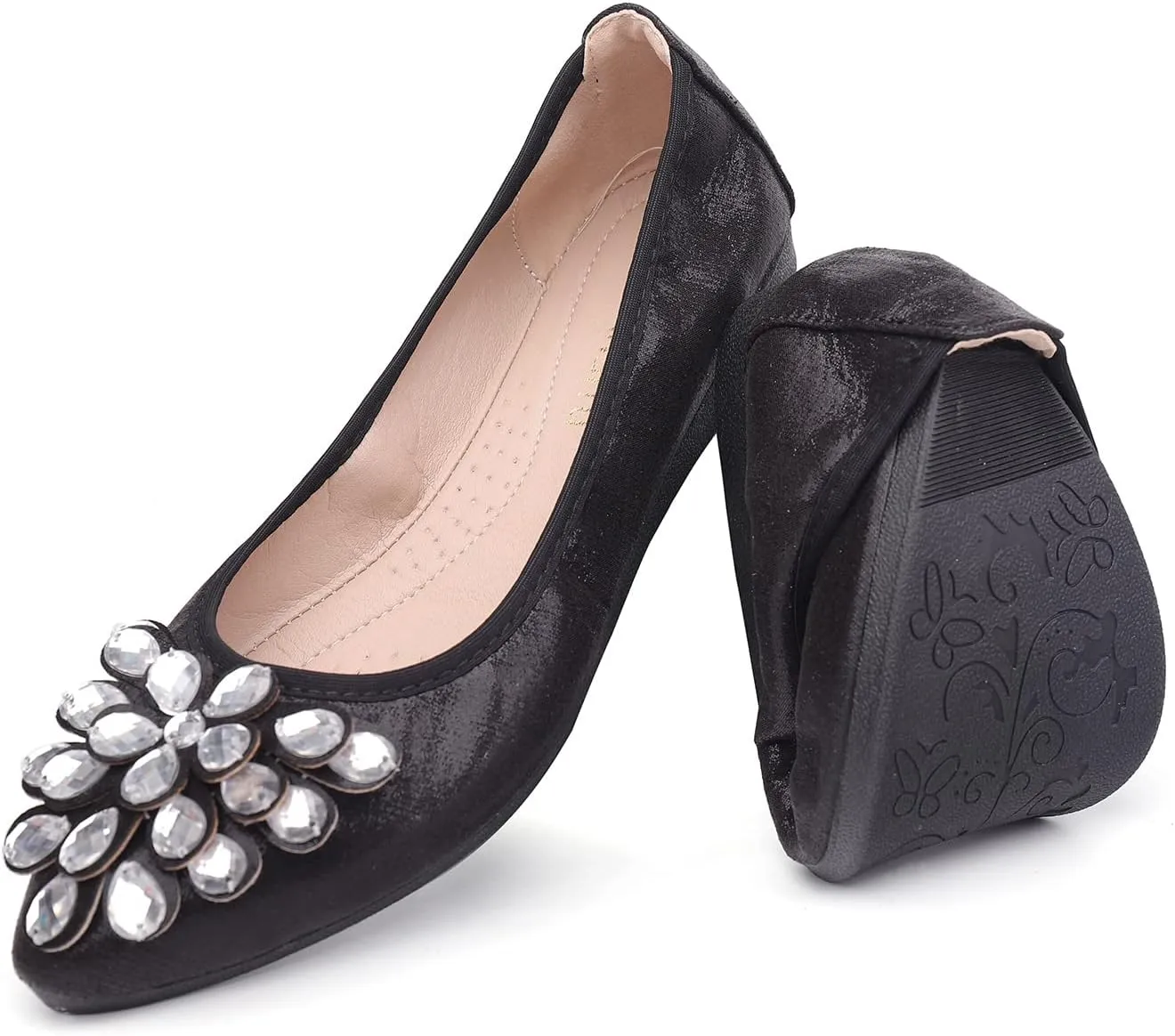 Flats Shoes for Women Rhinestone Wedding Ballerina Shoes Foldable Sparkly Comfort Slip on Flat Dressy Flats