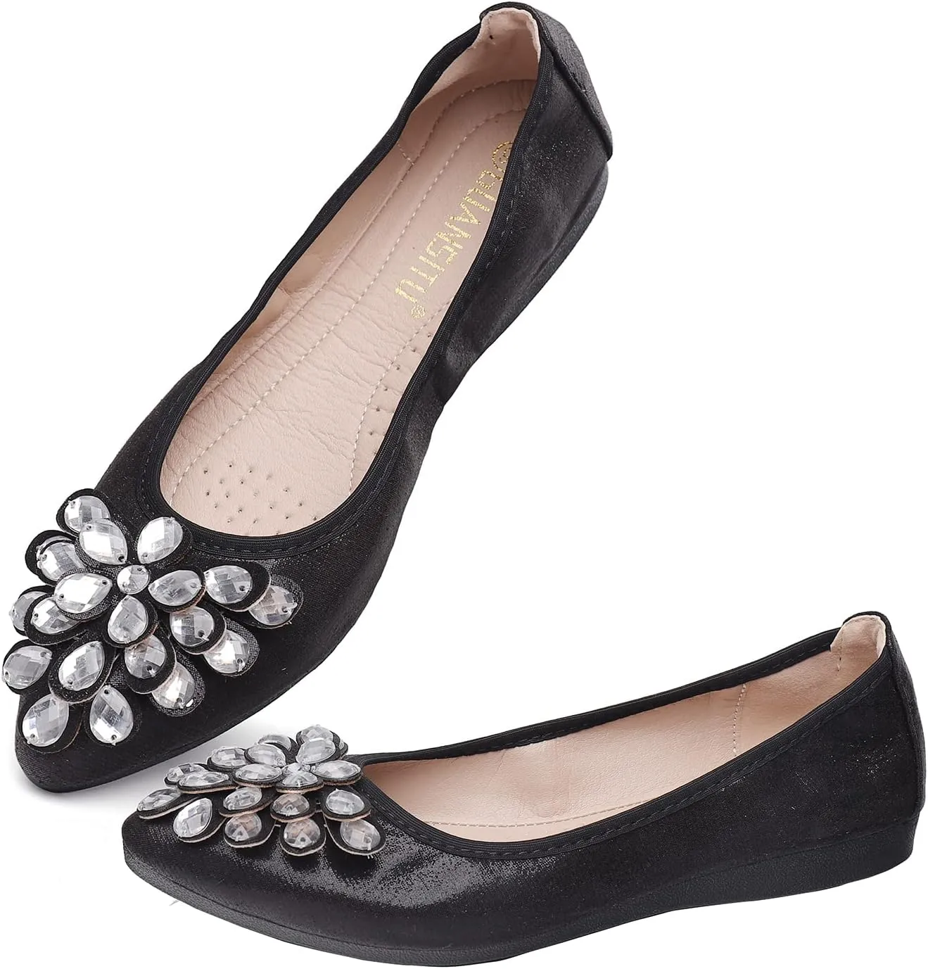 Flats Shoes for Women Rhinestone Wedding Ballerina Shoes Foldable Sparkly Comfort Slip on Flat Dressy Flats