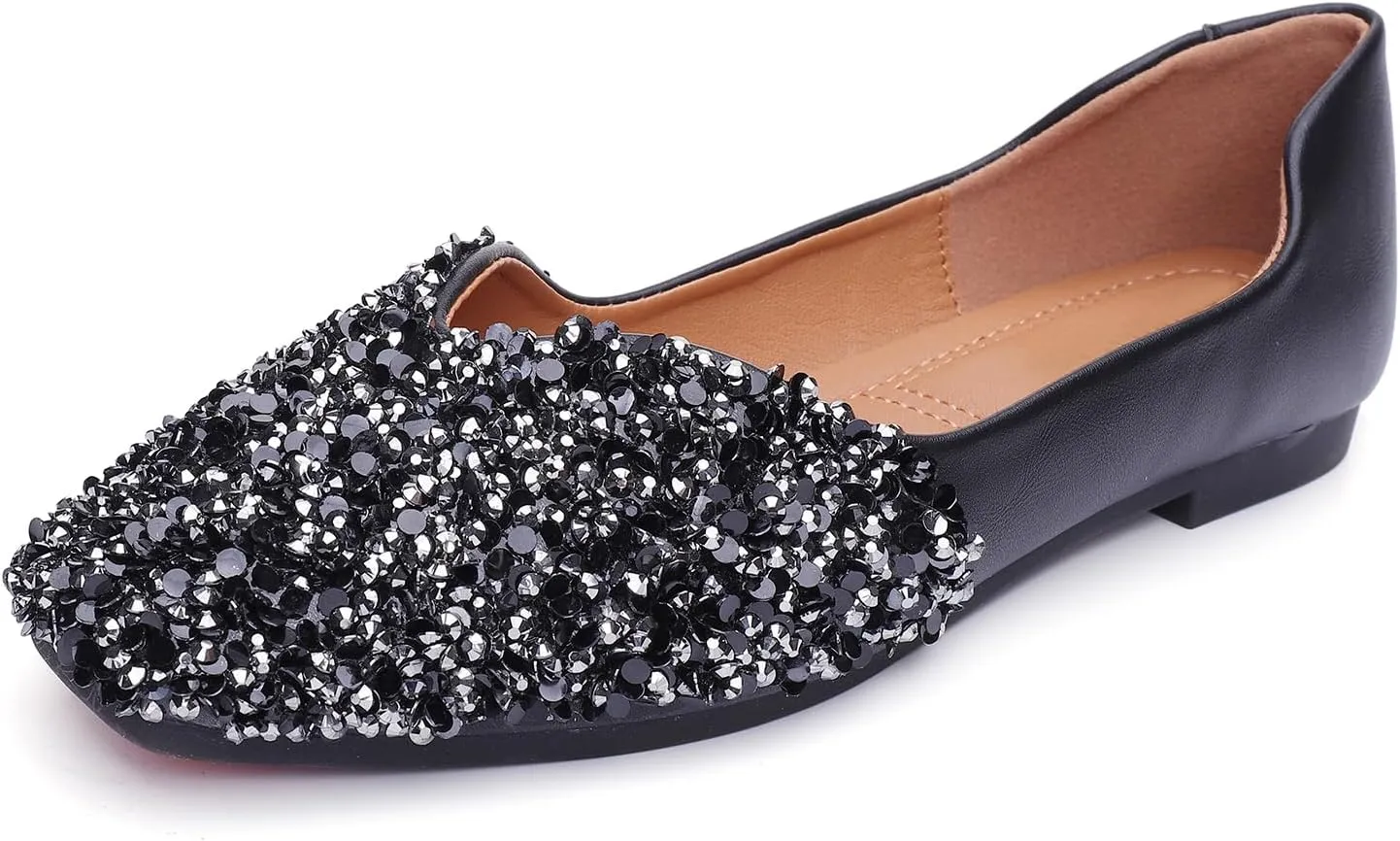 Flats Shoes Women Rhinestone Square Fashion Ballet Flats Wedding Flats for Women Comfortable Slip on Low Heel Dress Shoes