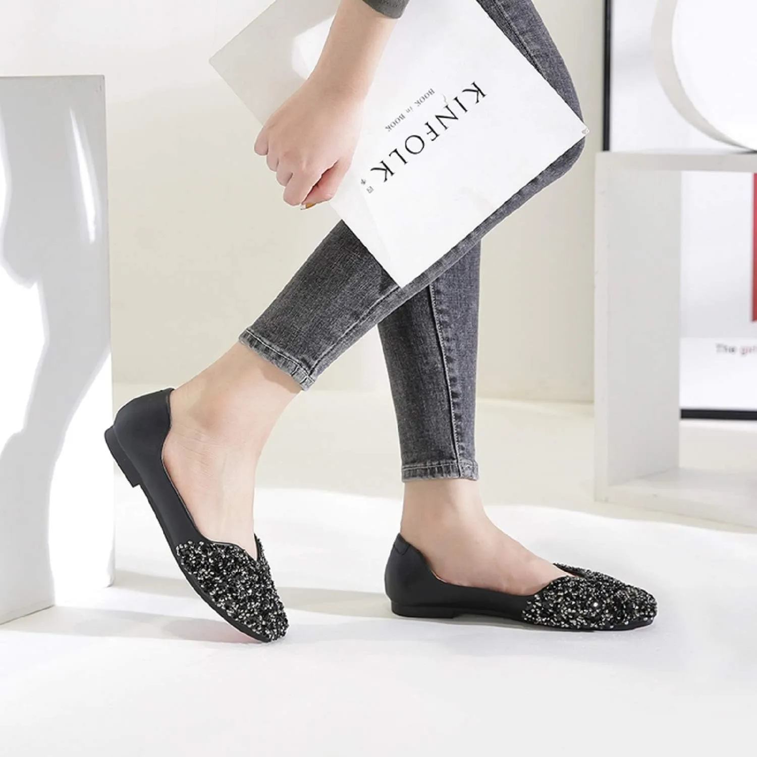 Flats Shoes Women Rhinestone Square Fashion Ballet Flats Wedding Flats for Women Comfortable Slip on Low Heel Dress Shoes