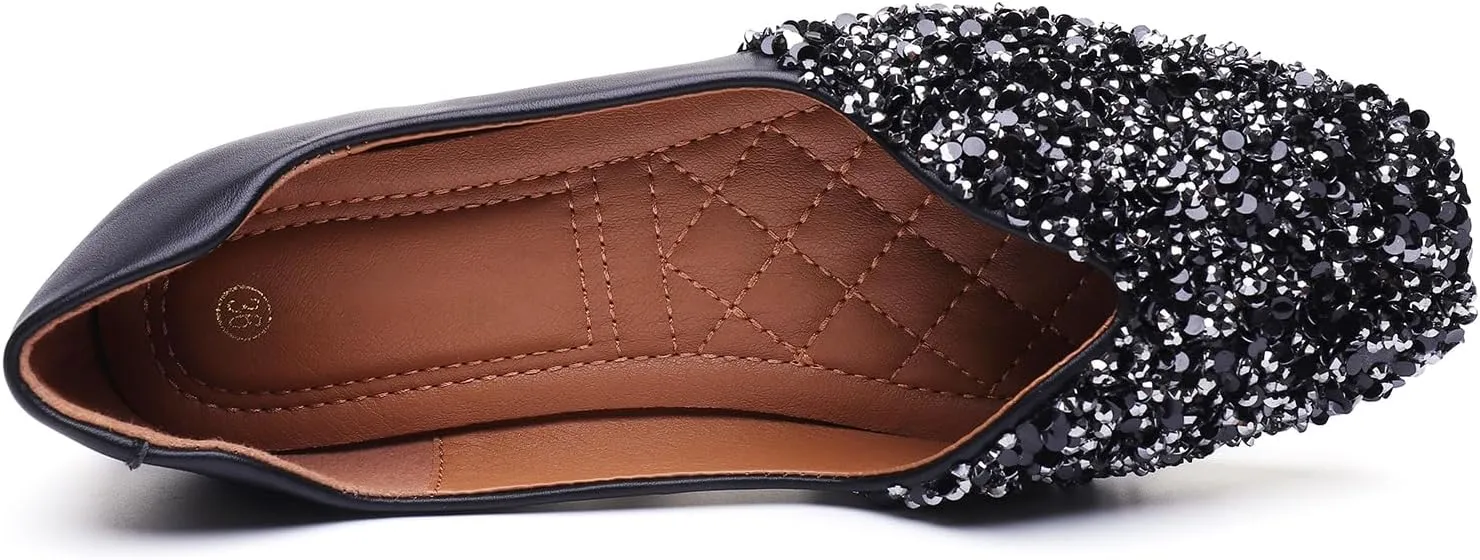 Flats Shoes Women Rhinestone Square Fashion Ballet Flats Wedding Flats for Women Comfortable Slip on Low Heel Dress Shoes