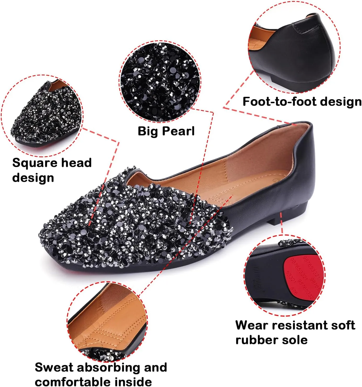 Flats Shoes Women Rhinestone Square Fashion Ballet Flats Wedding Flats for Women Comfortable Slip on Low Heel Dress Shoes