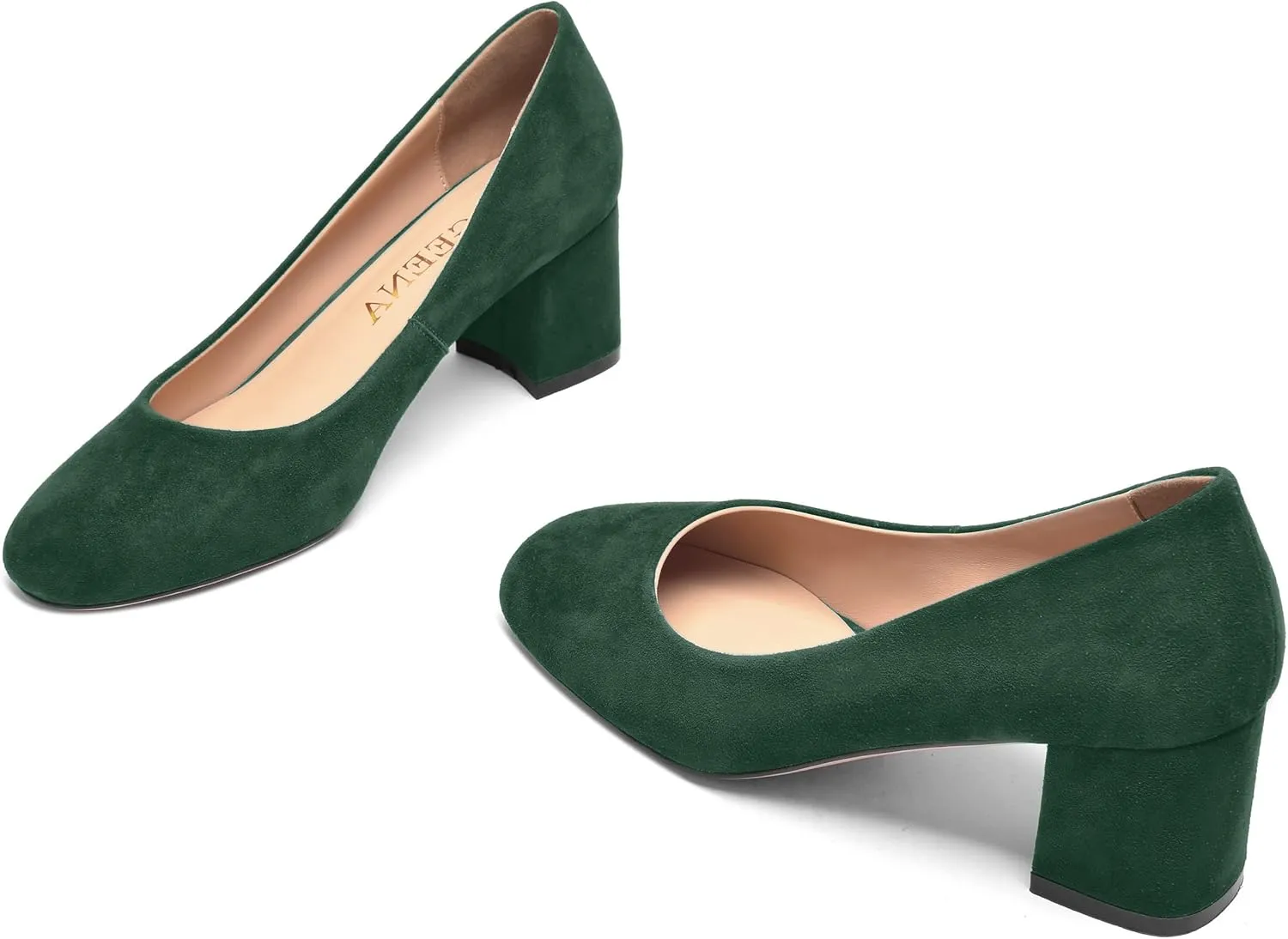 FOGEENA Womens Casual Round Toe Comfortable Slip On Suede Leather Chunky Low Heel Pumps Dressy Shoes 2.2 Inch