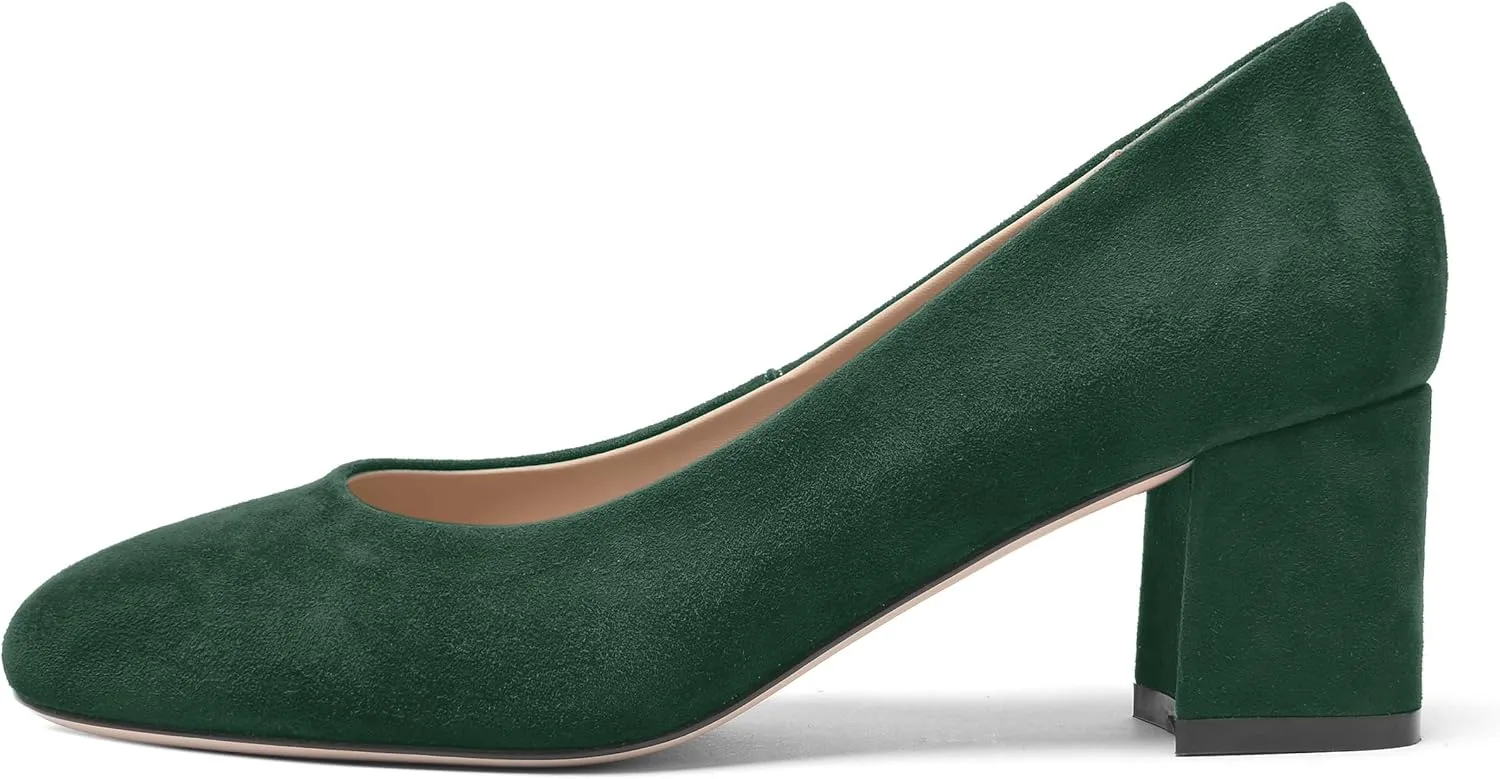 FOGEENA Womens Casual Round Toe Comfortable Slip On Suede Leather Chunky Low Heel Pumps Dressy Shoes 2.2 Inch