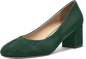 FOGEENA Womens Casual Round Toe Comfortable Slip On Suede Leather Chunky Low Heel Pumps Dressy Shoes 2.2 Inch