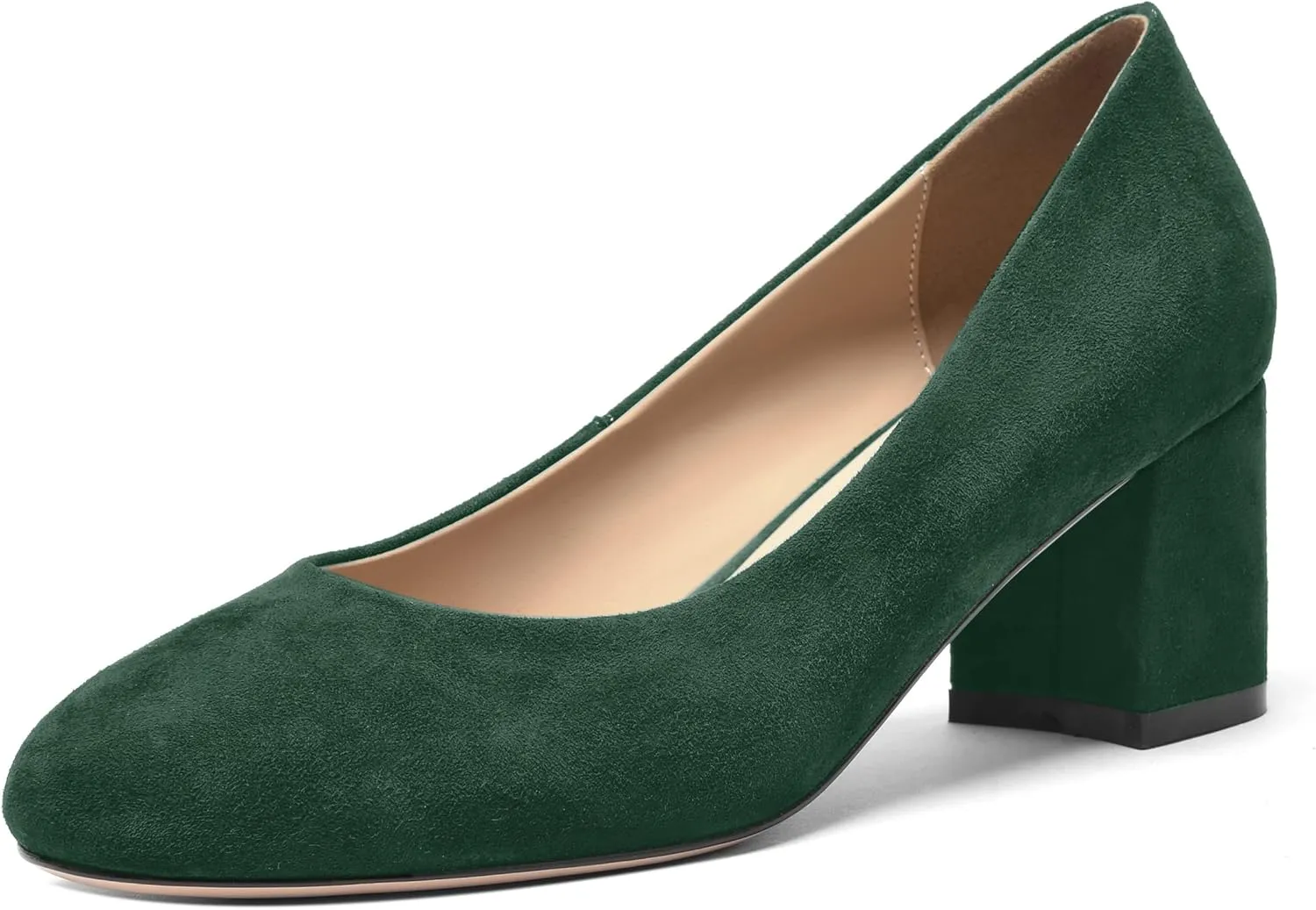 FOGEENA Womens Casual Round Toe Comfortable Slip On Suede Leather Chunky Low Heel Pumps Dressy Shoes 2.2 Inch