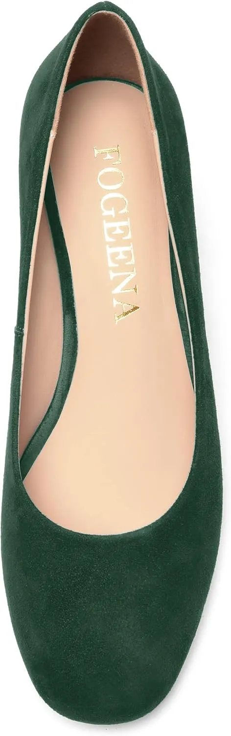 FOGEENA Womens Casual Round Toe Comfortable Slip On Suede Leather Chunky Low Heel Pumps Dressy Shoes 2.2 Inch