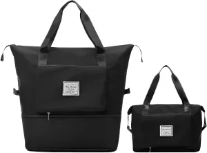 Foldable Crossbody Bag, Black, Women's Travel Duffel Bag, 11 x 7 x 1.6 inches (expanded to 16.5 x 15 x 8.7 inches)