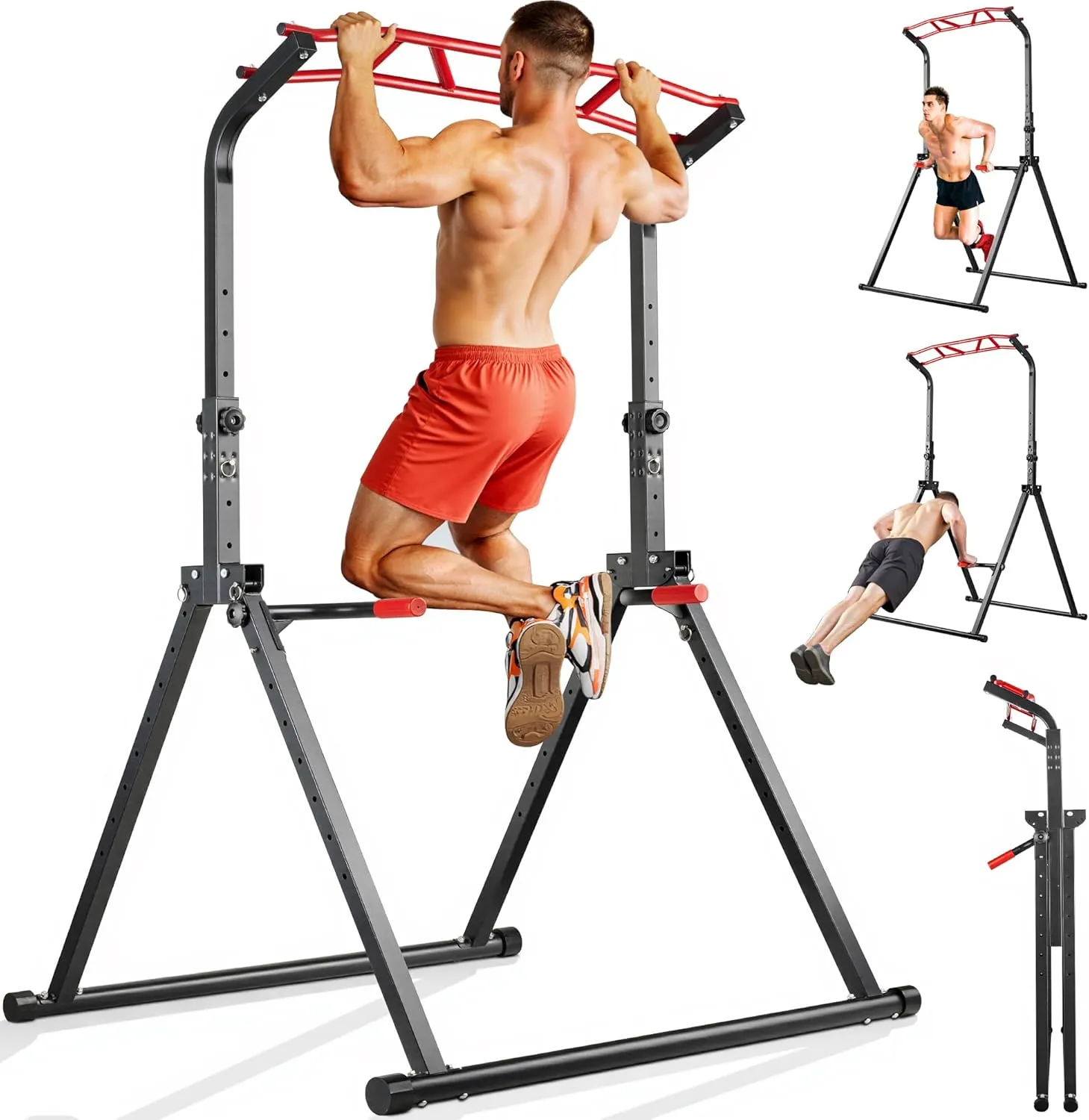 Foldable Pull Up Bar Dip Station, Adjustable Power Tower Pull Up Stand, Multi-Function Workout Tower Gym Strength Training Equipment for Home Outdoor, Triangular Design, Support 450lbs