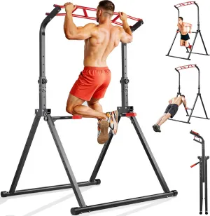 Foldable Pull Up Bar Dip Station, Adjustable Power Tower Pull Up Stand, Multi-Function Workout Tower Gym Strength Training Equipment for Home Outdoor, Triangular Design, Support 450lbs