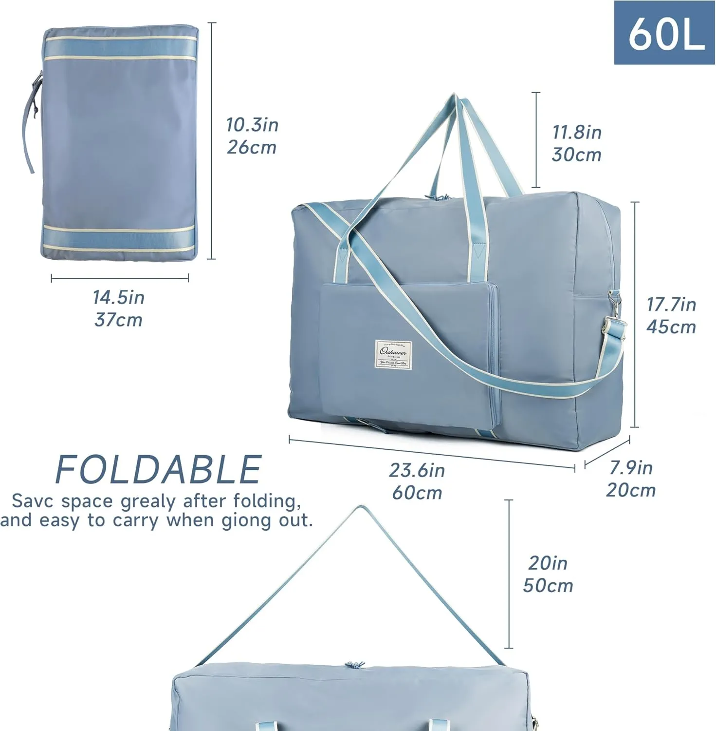Foldable Travel Bag, 60L Large Duffel Bag, Lightweight Packable Carry on Bag Water-proof & Tear Resistant Duffel Bag