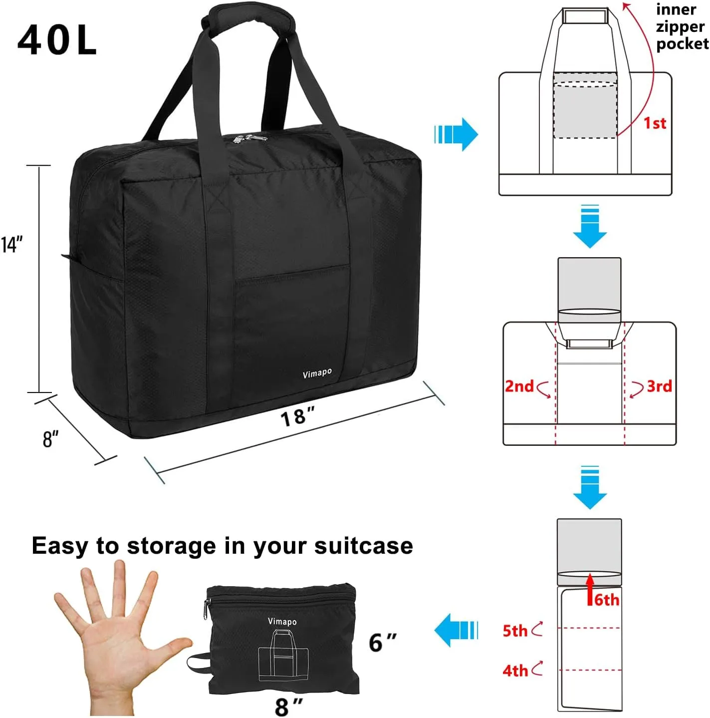 Foldable Travel Duffle Bag with Trolley Sleeve 40L - 18x14x8 inches Airline Underseat Lightweight Travel Bag - Packable Ripstop Nylon Carry on Bag (Black)