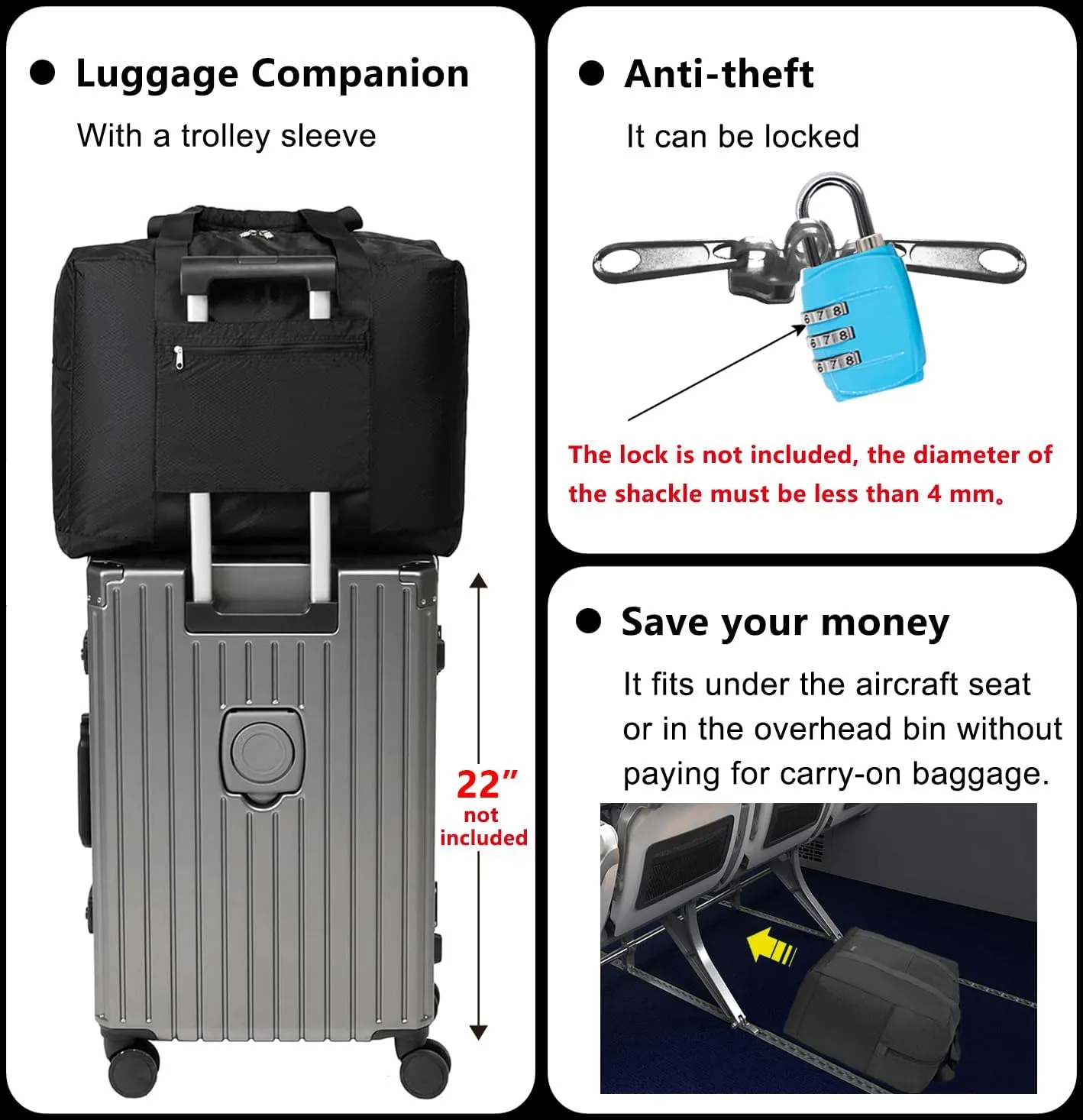 Foldable Travel Duffle Bag with Trolley Sleeve 40L - 18x14x8 inches Airline Underseat Lightweight Travel Bag - Packable Ripstop Nylon Carry on Bag (Black)