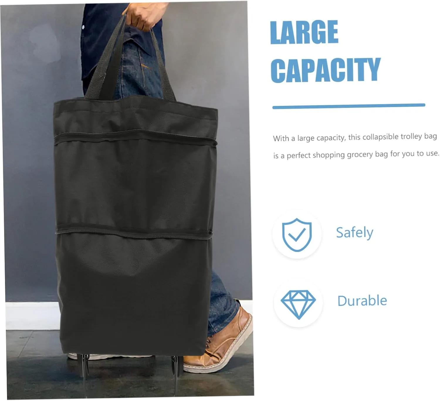 Foldable Trolley Bag Wheels Collapsible Grocery Bag Large Capacity on Wheels for Women