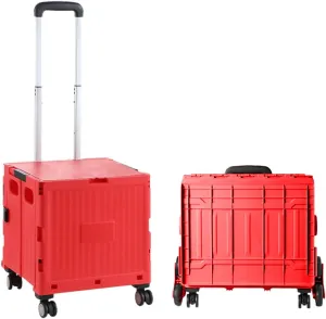 Foldable Utility Cart Collapsible Rolling Carts with Lid Portable Rolling Crate Handcart Shopping Trolley with Telescopic Handle 4 Wheels for Picnic Camping Moving Luggage Use