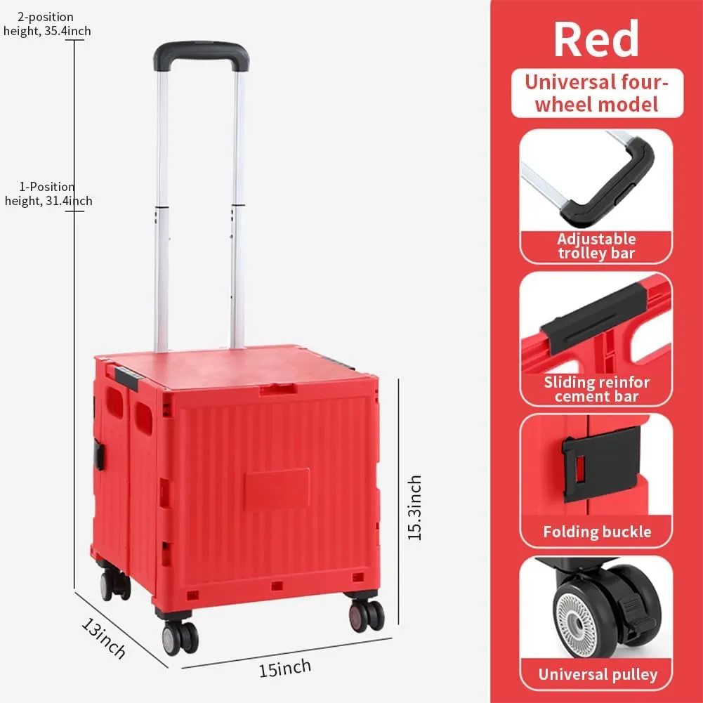 Foldable Utility Cart Collapsible Rolling Carts with Lid Portable Rolling Crate Handcart Shopping Trolley with Telescopic Handle 4 Wheels for Picnic Camping Moving Luggage Use