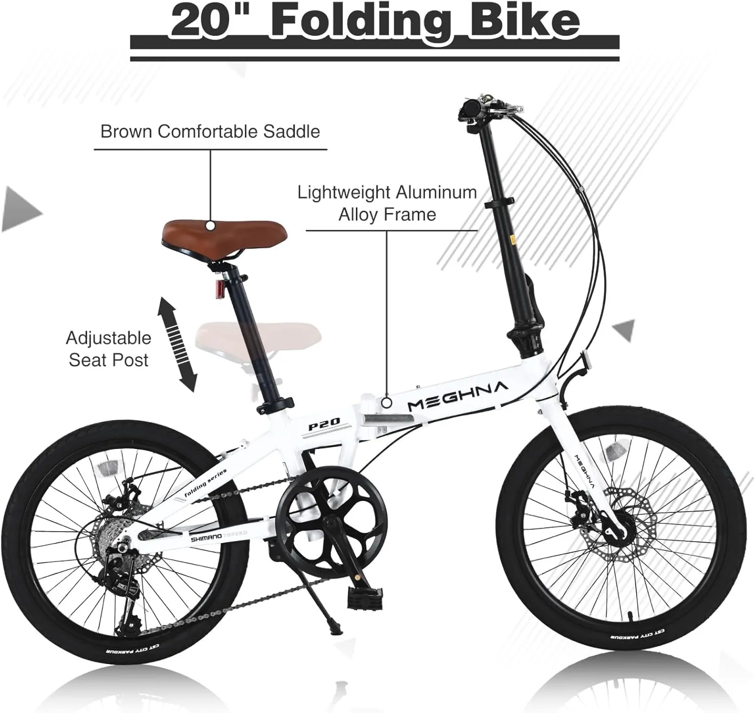 Folding Bike, Lightweight Aluminum Frame Foldable Bicycle 7-Speed, Front & Rear Disc Brakes,20-inch Wheels, Adjustable Seat Handlebar, Anti-Skid Tires for City Commuting, Fold Up Bike Men Women Adults