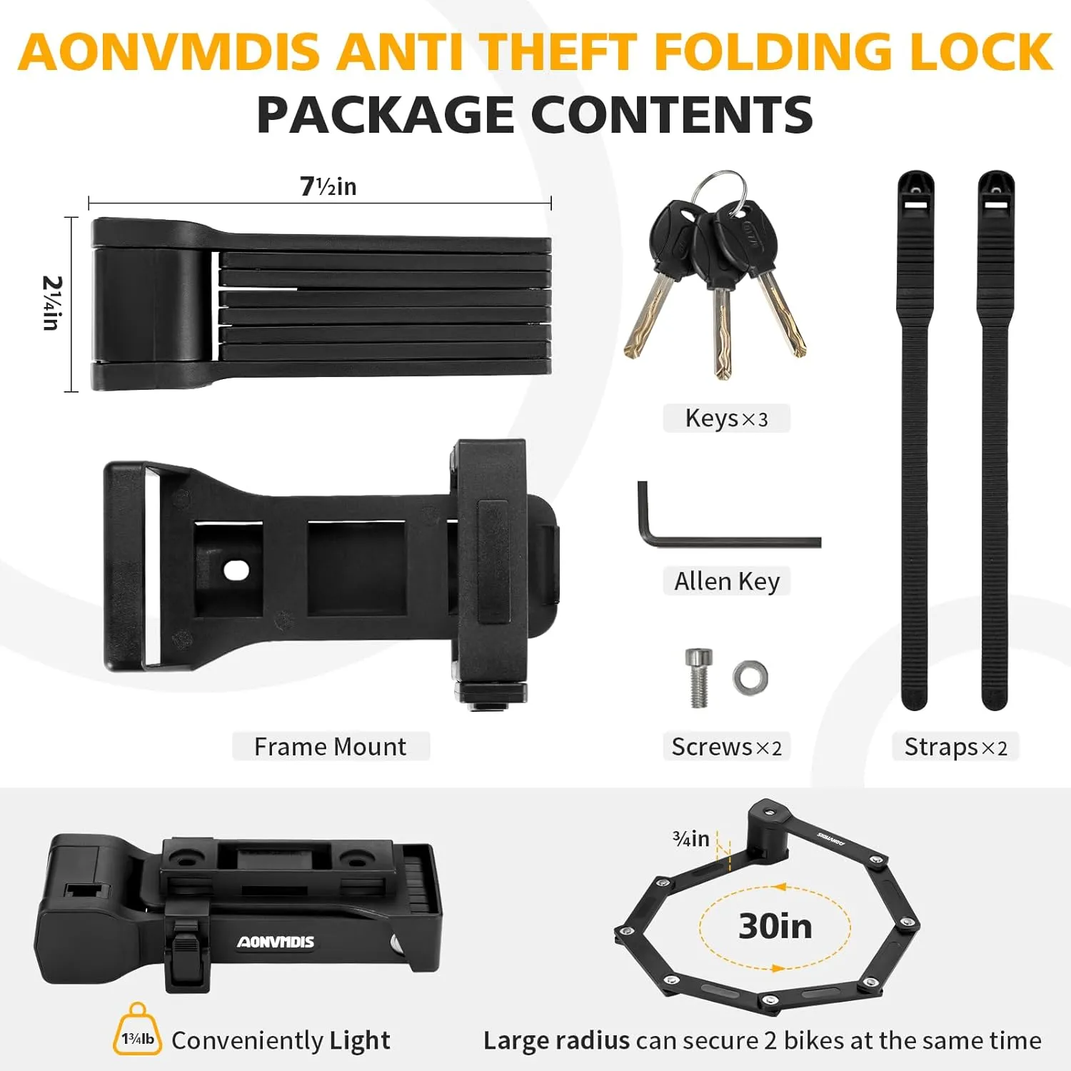 Folding Bike Lock Bicycle Scooter Folding Locks with 3Keys Heavy Duty Bike Lock with Easy Mounting Bracket Alloy Steel Foldable Lock