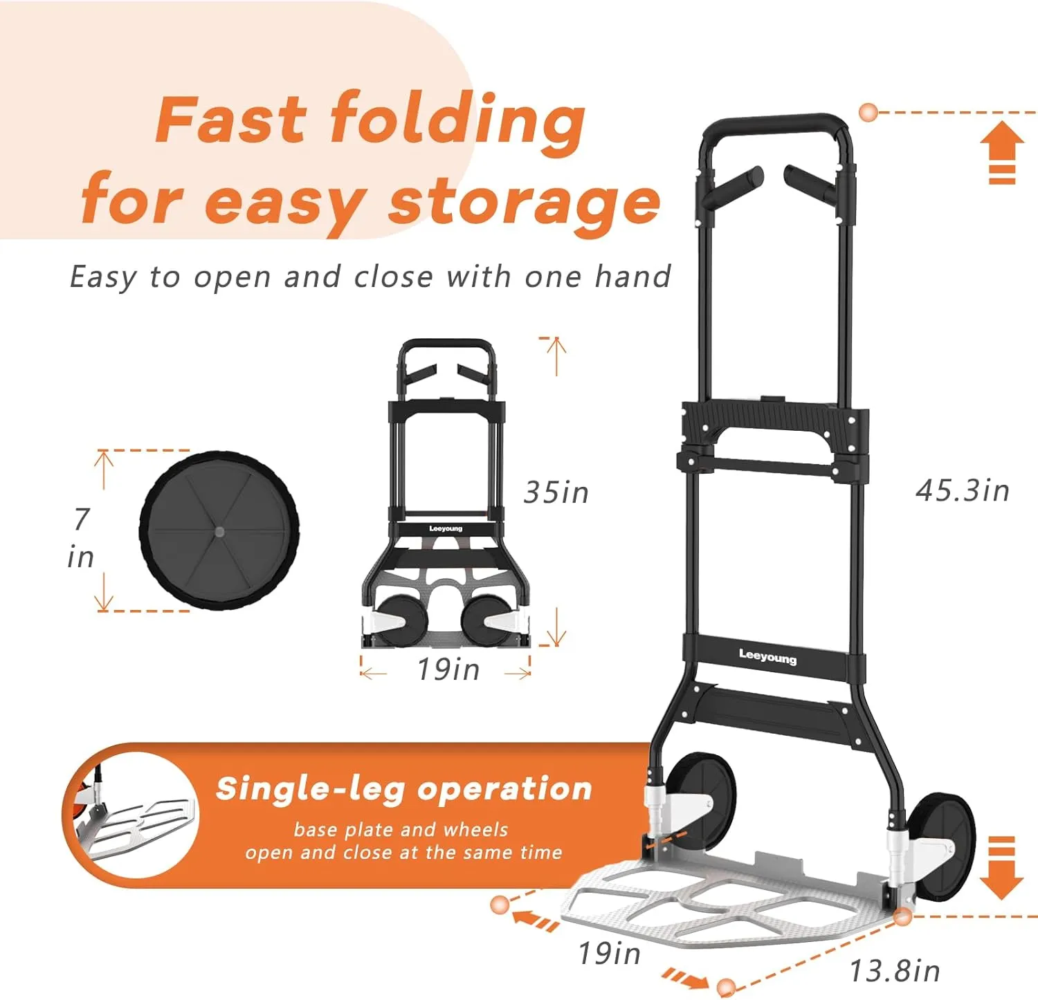 Folding Hand Truck Dolly Cart with Wheels,Heavy Duty 375lb Dolly for Moving，Aluminum Wheel Bracket and Steel Tube Frame, Foldable Hand Truck with Adjustable Handle for Moving Indoor/Outdoor