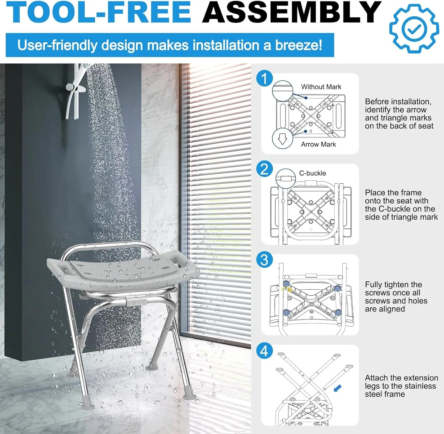 Folding Shower Chair for Inside Shower, Stainless Steel Foldable Shower Stool, 400lbs Portable Folding Shower Seat for Travel, Anti-Slip Small Shower Chair for Elderly Disabled Injured, Gray