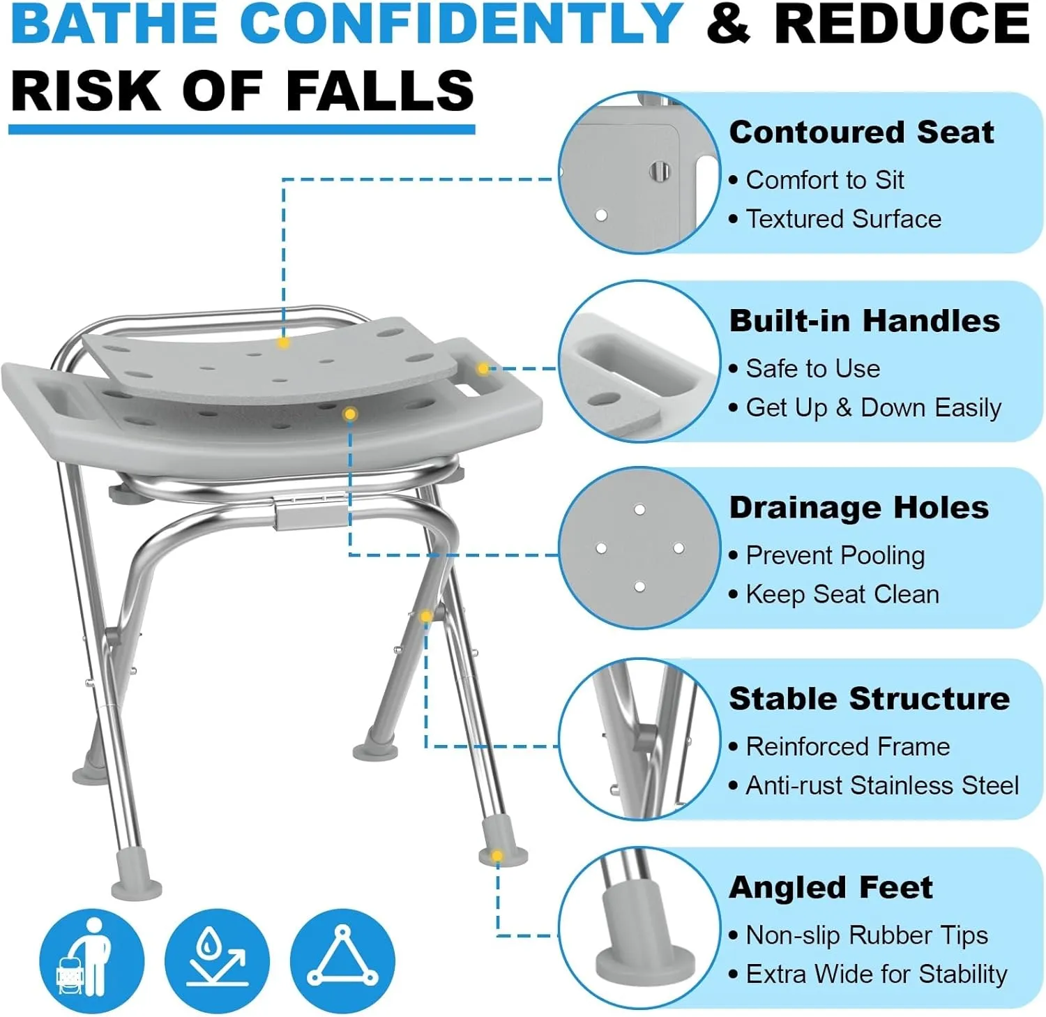 Folding Shower Chair for Inside Shower, Stainless Steel Foldable Shower Stool, 400lbs Portable Folding Shower Seat for Travel, Anti-Slip Small Shower Chair for Elderly Disabled Injured, Gray