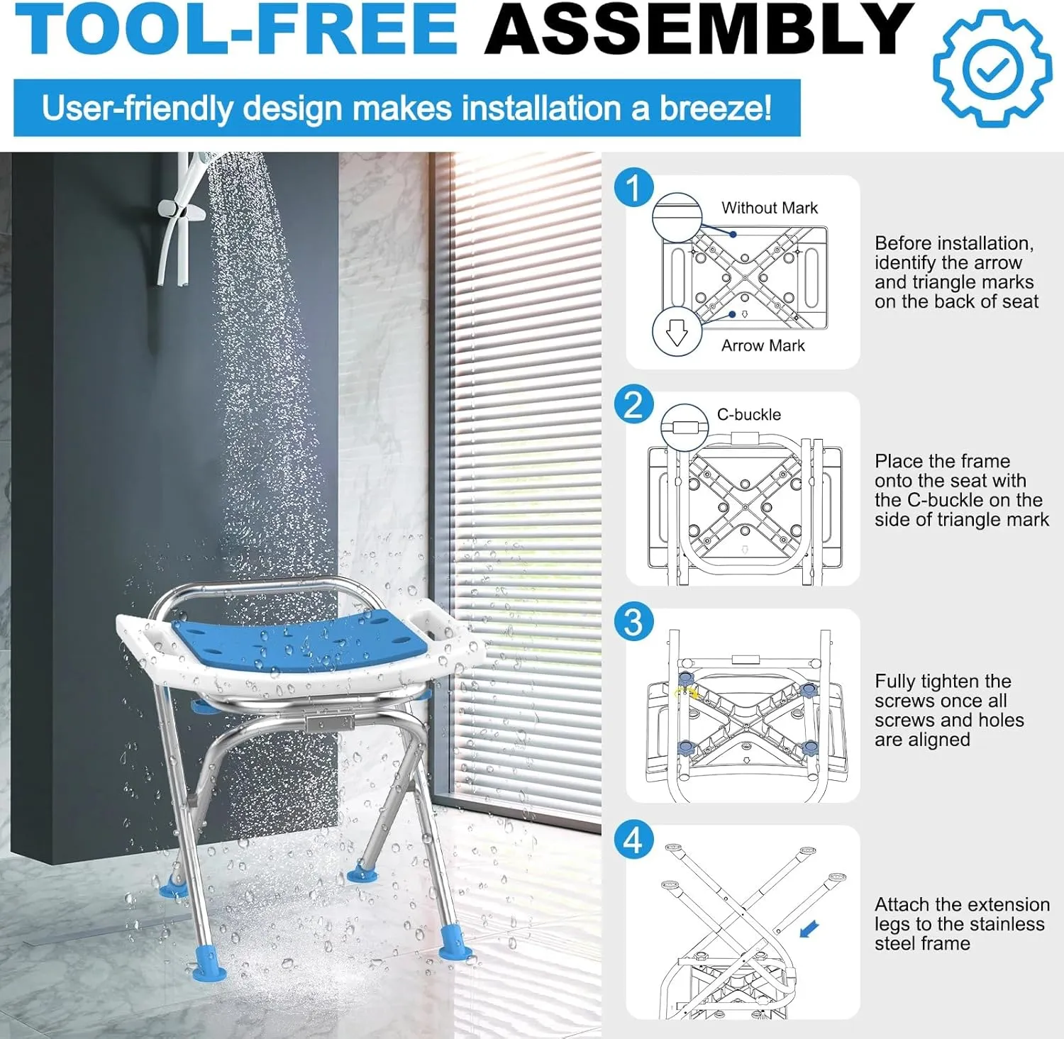 Folding Shower Chair for Inside Shower, Stainless Steel Foldable Shower Stool, 400lbs Portable Folding Shower Seat for Travel, Anti-Slip Small Shower Chair for Elderly Disabled Injured, White